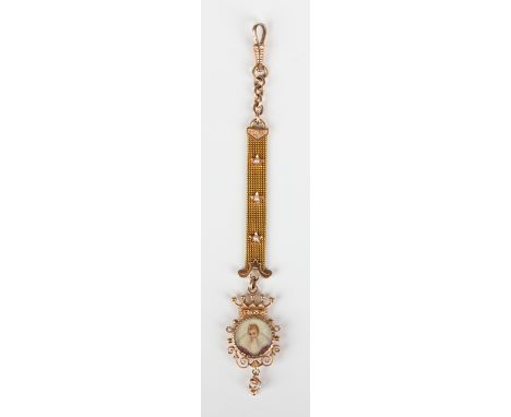 A gold and seed pearl pendant locket, glazed with a portrait of a lady, fitted to a gold woven mesh link fob strap with seed 