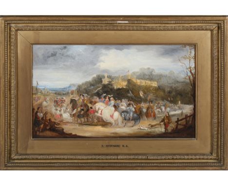 Thomas Stothard - Wedding Party at Belvoir Castle, 19th century oil on canvas, labels verso, 21cm x 35cm, within a gilt compo