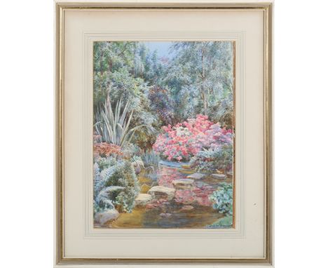 Beatrice Parsons - Landscape with Garden Pond and Azaleas, early 20th century watercolour, signed recto, Harrods label verso,