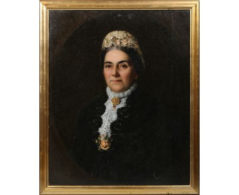 British School - Half Length Portrait of a Lady wearing a Lace Bonnet, late 19th century, oil on canvas, indistinctly signed 