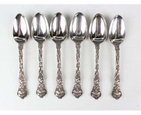 A set of six early Victorian silver Chased Vine pattern dessert spoons, London 1842 and 1845 by Francis Higgins II, weight 42