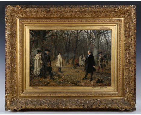 Josef Munsch - Ehrenhandel (Figures with Pistols preparing for a Duel in a Forest Clearing), oil on panel, signed and dated 1