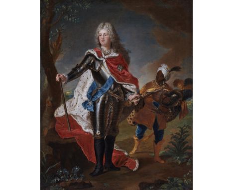 Hyacinthe Rigaud, Nachfolge, Friedrich August III. von Sachsen im Harnisch und von einem Pagen begleÖl auf Leinwand. 79 x 62,