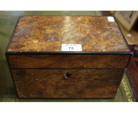 A Victorian burr walnut and ebony strung tea caddy, of rectangular form with two pull out domed containers, 24cm x 14.5cm x 1