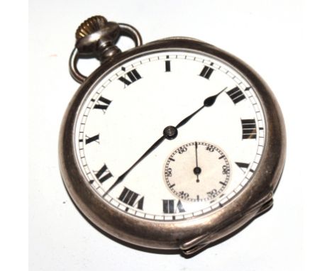 A silver pocket watch with white enamel dial and Roman numerals