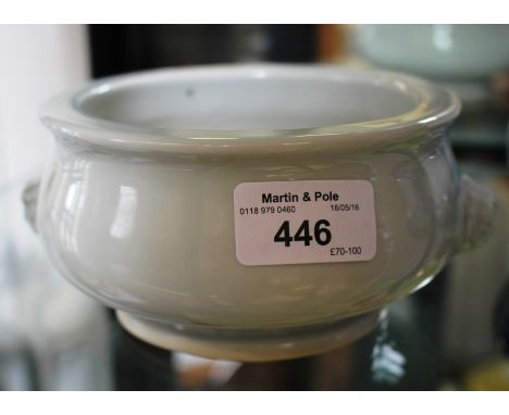 A Chinese light green/grey glaze censer of squat baluster form with lion masks, 15cm wide