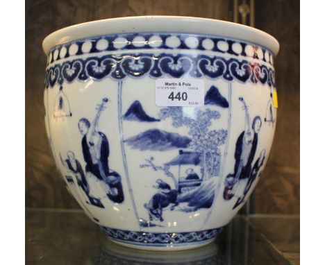A Chinese blue and white bowl, with panels depicting musicians and figures in landscape, bears mark for Kangxi, 23.5cm diamet