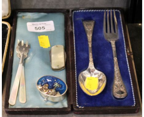 A cased silver plated spoon and fork christening set, together with 925 silver pill box, two mother of pearl handled pickle f