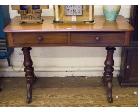 A Victorian mahogany sofa table, the moulded rectangular top over two frieze drawers on baluster turned support and moulded c