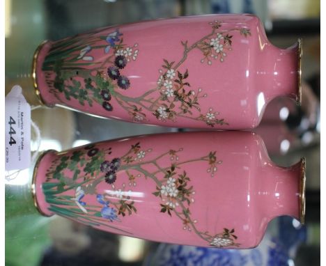 A pair of Japanese Shippo pink enamel vases, of tapering form decorated with flowers , as found, 15cm high