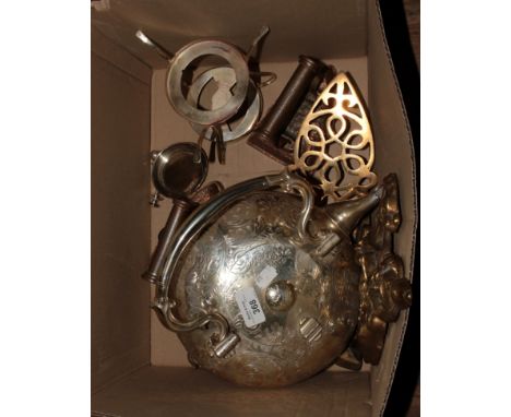 A Victorian silver plated spirit kettle, lacking stand with engraved decoration, and a small quantity of brassware