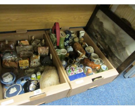 Cottage ornaments, Jasperware and other decorative ceramics, two papyrus pictures and one other print in two boxes 
