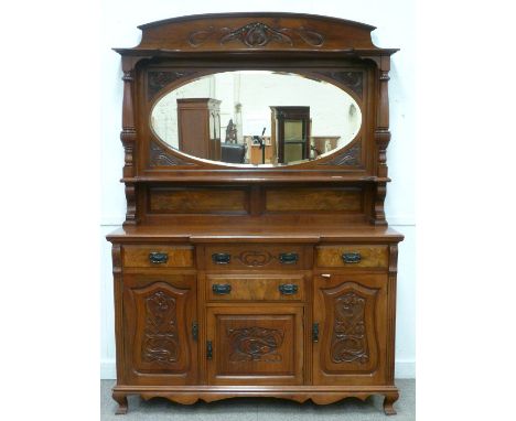 Early 20th century Art Nouveau walnut sideboard with oval mirror back, W156cm, H213cm