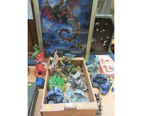 Collection of dragon ornaments and a large print in one box 