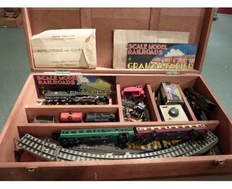 Vintage 1950s Graham Farish OO gauge Scale Model Railroad - trains, track etc in fitted wooden box