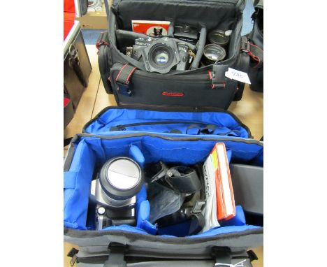ZENIT EM film camera with various lenses and flash in case and MIOLTA camera with accessories 