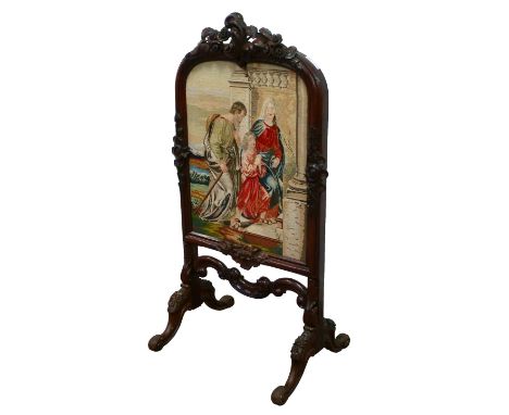 Victorian heavily carved rosewood firescreen with tapestry panel, H118cm, W65cm