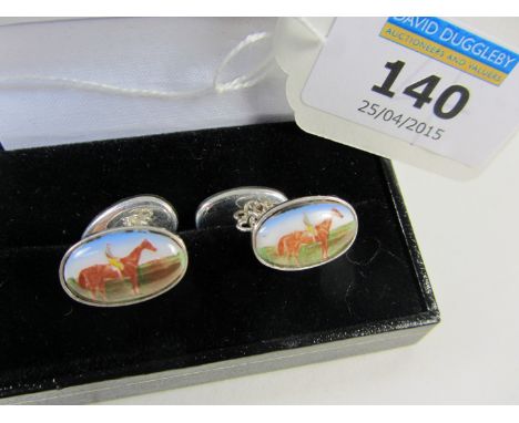 Pair of enamel horse racing cuff-links stamped 925