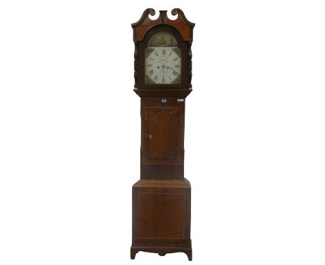 Early 19th century oak and mahogany banded longcase clock, eight day movement with painted enamel dial, H222cm