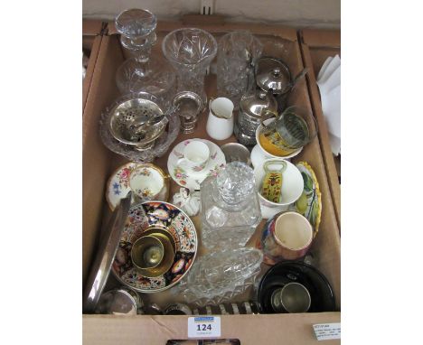 Miniature Dresden figure, two cabinet cups and saucers, silver platedware and glassware in one box 