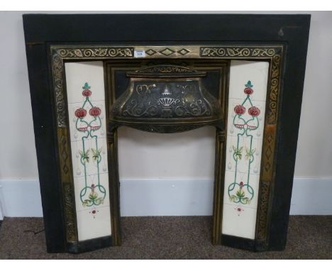 Cast iron fire inset with Art Nouveau style tiles, W100cm x H102cm