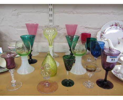 Art Nouveau period hand blown and other later coloured drinking glassware