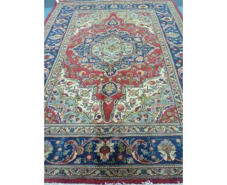 Persian Tabriz red and blue ground rug carpet, 300cm x 200cm