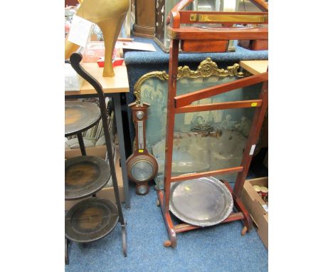 Gents valet stand, Art Deco period mirror, barometer, three tier cake stand, silver plated tray and a gilt framed fire screen