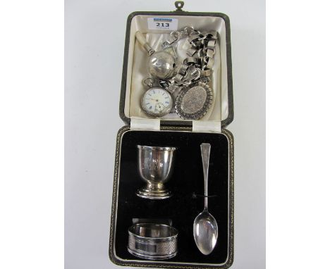 Hallmarked silver christening items, Victorian locket and necklace, enamel pocket watch, Girard Perregaux wristwatch etc 