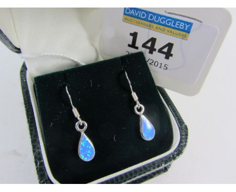 Pair of blue opal drop ear-rings stamped 925