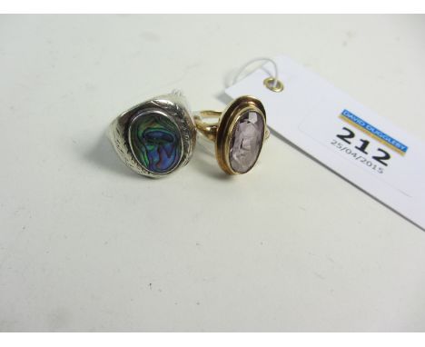 Rose gold ring set with an amethyst Birmingham 1971 and a ring set with abalone