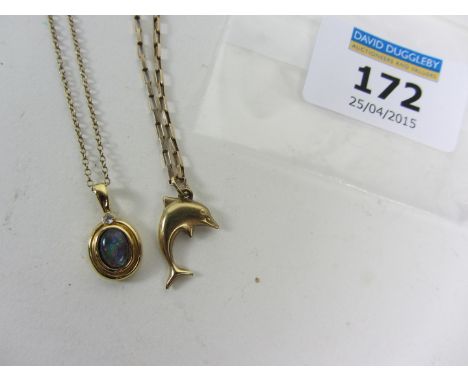 Opal pendant necklace on chain stamped 9kand a dolphin pendant on gold box chain hallmarked 9ct