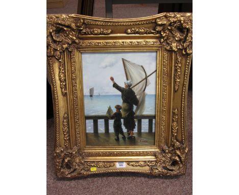 'The Farewell' original oil on panel by R Wilson in ornate gilt frame