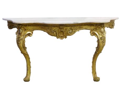 19th century carved pine and gilded serpentine console table with marble top, W180cm x H91cm