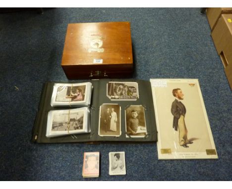 Postcards including Scarborough, photograph album, photographs, Vanity Fair print, James Bond cards, and football collectors 