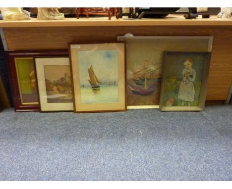 Ship, watercolour signed Richardson, Castle View, watercolour, Bowl of Flowers, unsigned, and two fine art prints (5)