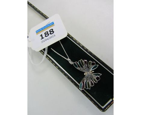 Marcasite and enamel butterfly pendant necklace stamped 925