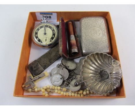 Hallmarked silver cigarette case, salt and spoon, comb case, cigaretter holder, stop watch etc in on box