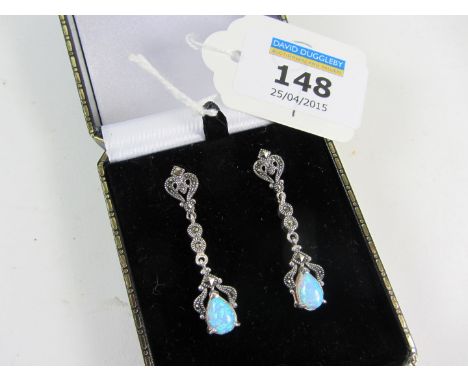 Opal and marcasite pendant ear-rings stamped 925