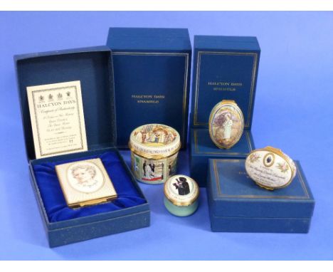 A Collection of five commemorative Halcyon Days Enamel Boxes, commemorating H.M. Queen Elizabeth, the Queen Mother, including