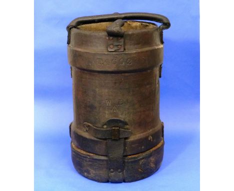 A W.W.1 period British Army leather artillery shell Carrier, of upright bucket form, impressed WD military mark and "T.4602",