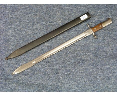 A W.W.1-style German saw-back Butcher Bayonet, marked H.S. and "58106", with 18½in (47cm) blade and steel scabbard.