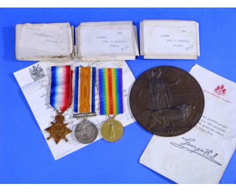 Medals; a W.W.1 group of three Medals awarded to L.6894 Pte. D. Pearce. 17th. Lrs., comprising 1914-15 Star, British War and 