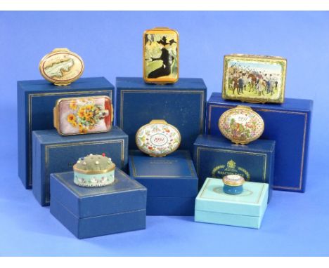 A collection of various Halcyon Days Enamel boxes, including "Divan Japonais" after Henri de Toulouse-Lautrec, "Sunflowers" a