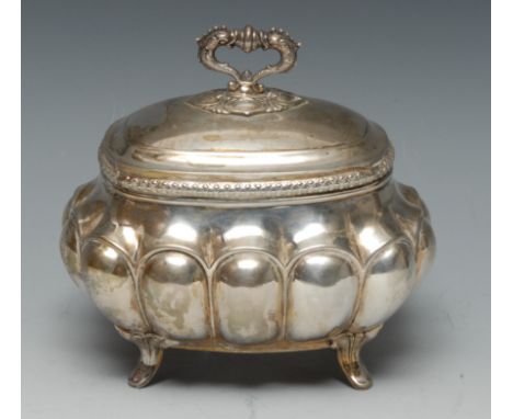 A German silver fluted rectangular sucrier, hinged cover, outswept feet, 15cm wide, 800 standard, halbmond und krone mark, 8o