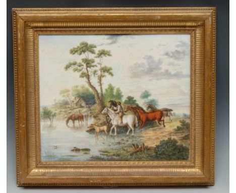 A 19th century  English Porcelain rectangular plaque,  probably Royal Worcester, painted by R Perling, signed,  with horse be