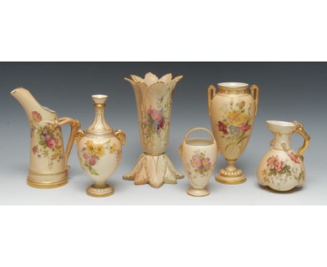 A Royal Worcester tusk jug, printed with flowers and foliage on a blush ivory ground, 19cm high, printed crown and circle mar