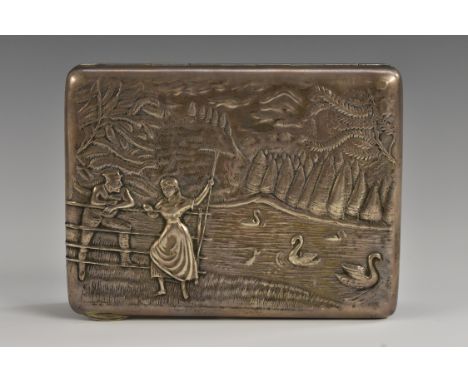 A Russian silver rounded rectangular cigarette case, hinged cover in relief with a peasant boy and the object of his affectio