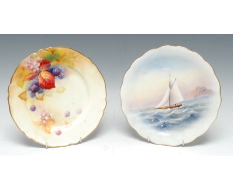A Royal Worcester shaped circular plate,  painted by Raymond Rushton, signed, with yachts, 22cm diam, printed crown and circl