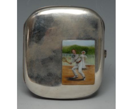An early 20th century silver and enamel rounded rectangular pocket cigarette case, hinged cover with rectangular reserve deco